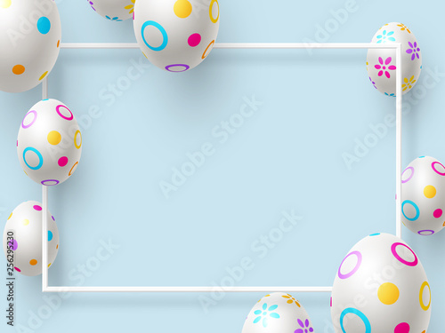 Easter holiday background with 3d Easter painted eggs and frame. Top view with copy space. Vector illustration.