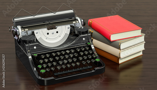 Wallpaper Mural Typewriter with books on the wooden table, 3D rendering Torontodigital.ca