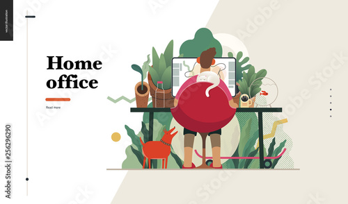 Technology 2 -Home Office - modern flat vector concept digital illustration home office metaphor, a freelancer guy working at home with pets and plants. Creative landing web page design template