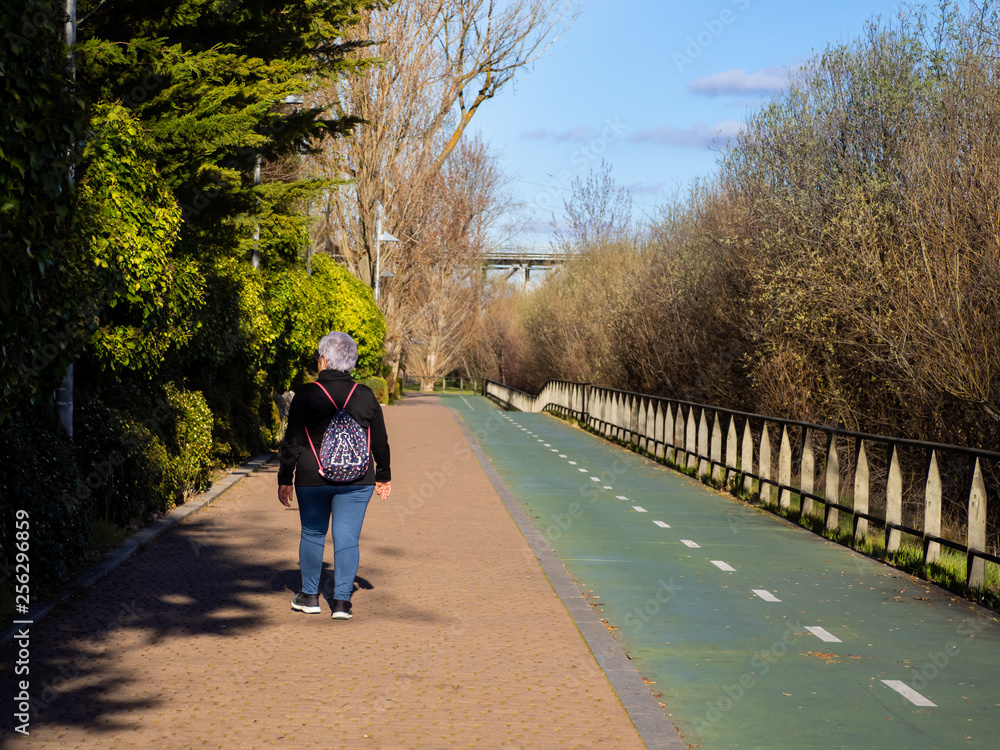 Fototapeta premium A senior woman with white hair listening walking in an urban park