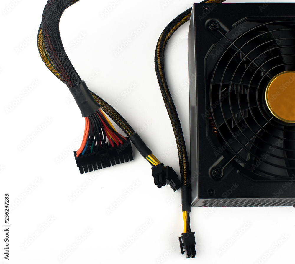 wire from power supply. the power supply from the computer Stock Photo