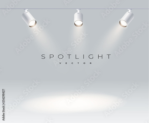 Free spotlights realistic with bright white light shining stage vector set. Illuminated effect form projector, projector for studio. Minimalistic lamp in grey color eps 10