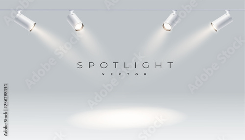 Four spotlights realistic with bright white light shining stage vector set. Illuminated effect form projector, projector for studio. Minimalistic lamp in grey color eps 10