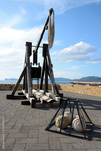 Catapult in the historical center of Alghero, Sardinia, Italy