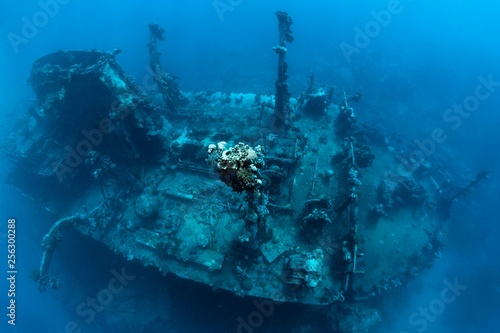 Stern of ship wreck, Russian wreck MS Khanka, former spy ship or communications ship, Zabargad Island, Red Sea, Egypt, Africa photo