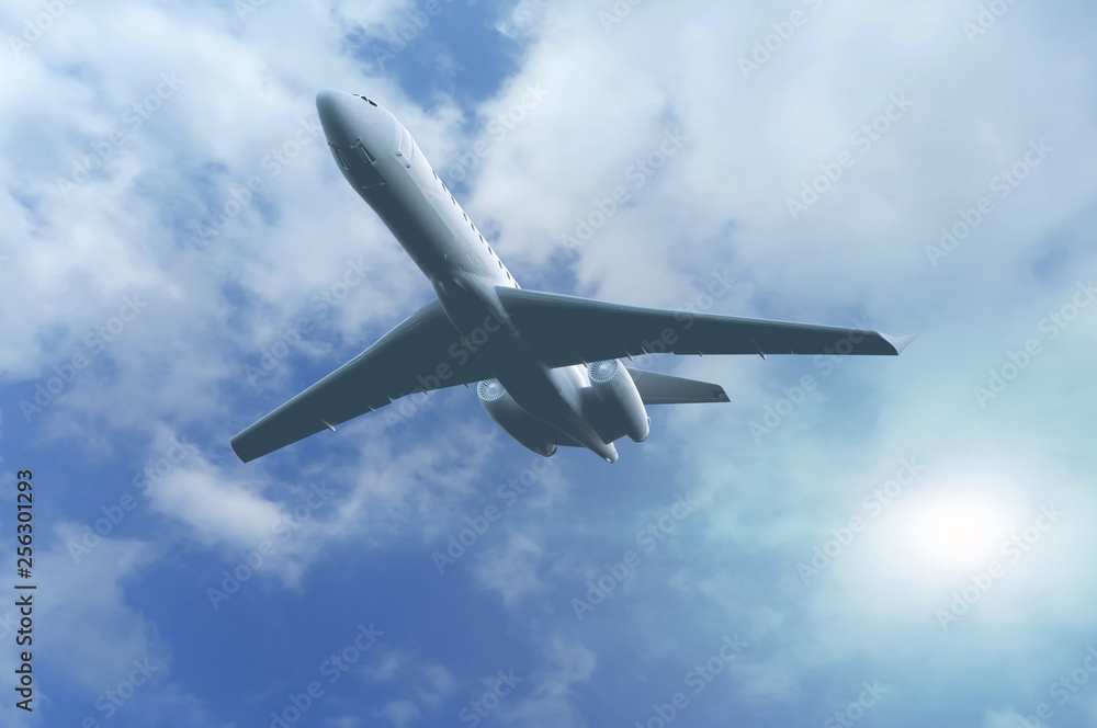 Obraz premium Airplane at flying under sky with clouds 3d render