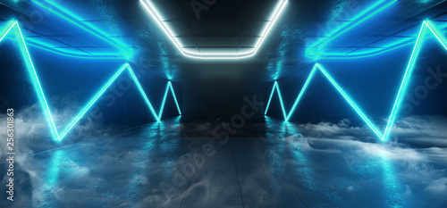 Smoke Fog Reflective Room Neon Laser Glowing Blue White Led Lights Arrow Shape Reflecting On Concrete Sci Fi Futuristic Background Empty Hall Garage Alien Spaceship Tunnel 3D Rendering © IM_VISUALS