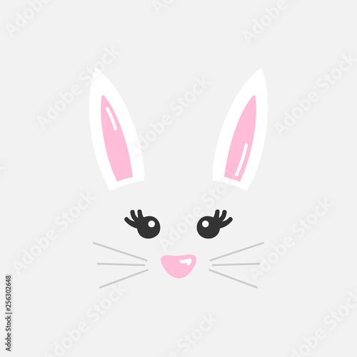 Cute easter bunny vector illustration, hand drawn face of bunny. Ears and tiny muzzle with whiskers. Isolated on grey background.