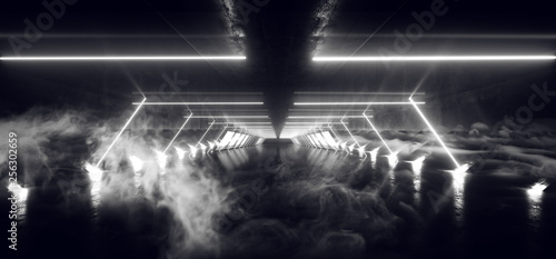Smoke Fog Alien Sci Fi Futuristic Modern Neon Glowing Stage Whit Construction Metal With Studio Lights And Lasers Path Glowing Lights Empty Grunge Concrete Gate Dark 3D Rendering