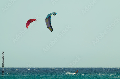 Kite surfing at sea with copy space.