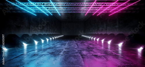 Neon Glowing Stage Purple Pink Blue Construction Metal With Studio Lights And Lasers Path Glowing Lights Empty Grunge Concrete Gate Dark 3D Rendering