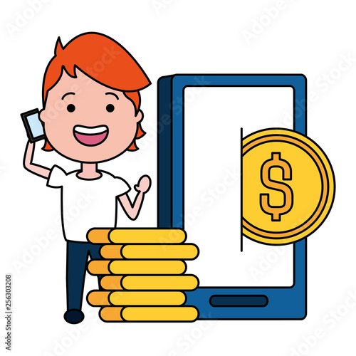 woman using smarphone with coins dollars