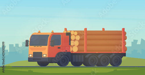 Truck with trailer for transportation of raw wood and timber products. Foresty industry. Vector flat style illustration.
