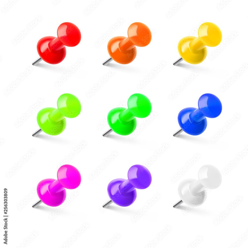 Set of colorful push pins. Thumbtacks ready for your design. Vector illustration isolated on white background. EPS10.