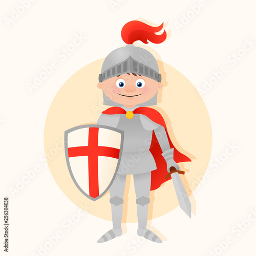 Cartoon knight, St. George with shield and sword, vector illustration
