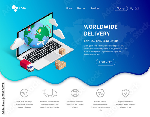 Delivery landing with laptop, icons