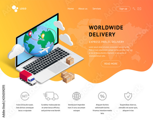 Delivery service landing with laptop, icons