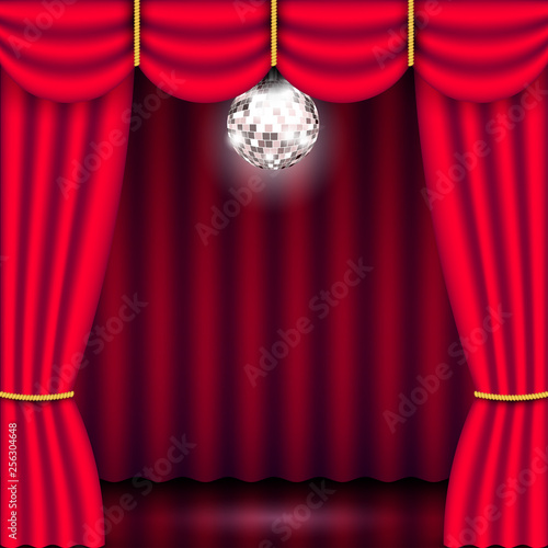 Theater stage, red curtain and mirror ball