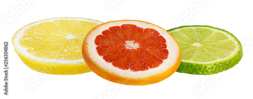 Collage of fresh citrus isolated on white background with clipping path