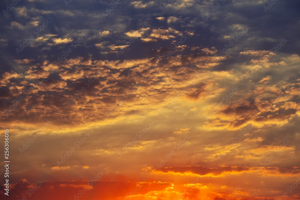 Beautiful fiery, blue, orange and red, sunset sky. Evening Magic Scene. Composition of nature