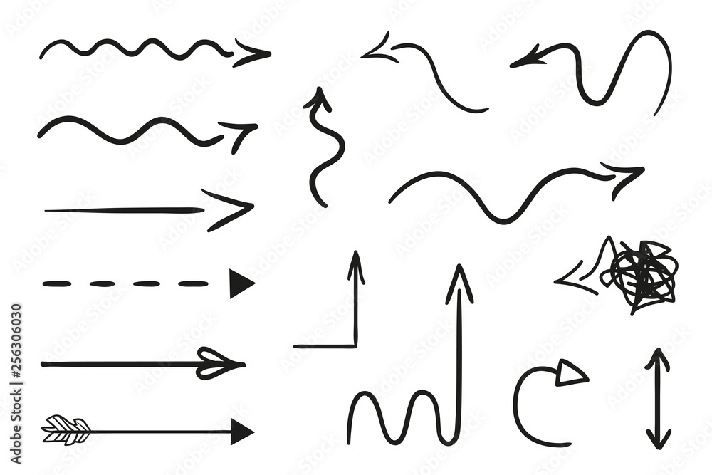 Infographic elements on isolated white background. Hand drawn simple arrows. Line art. Set of different pointers. Abstract indicators. Black and white illustration. Doodles for artwork Infographic elements on isolated white background. Hand drawn simple arrows. Line art. Set of different pointers. Abstract indicators. Black and white illustration. Doodles for artwork