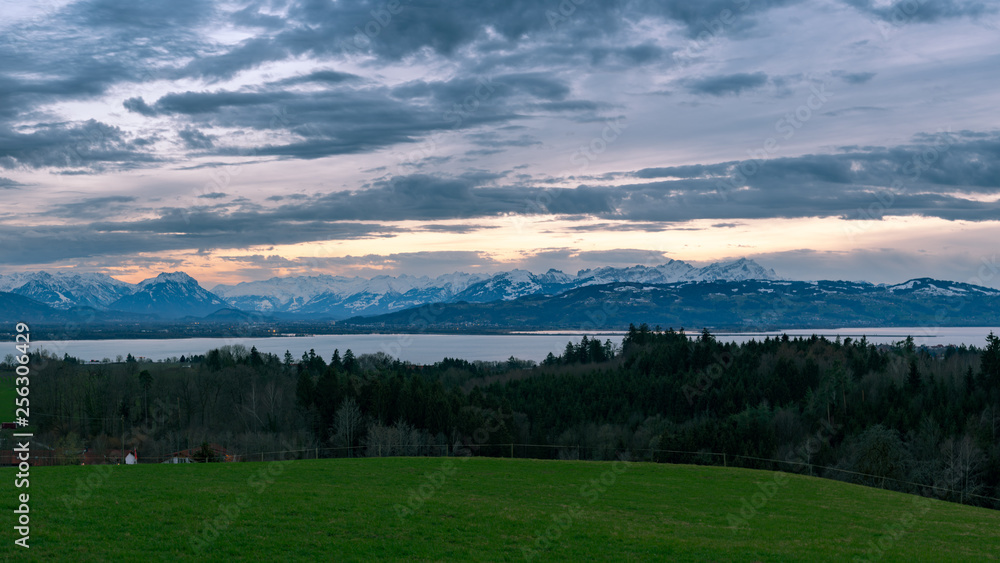 Panoramic view of Lake Constance from a hill near Weißensberg Panoramic view of Lake Constance from a hill near Weißensberg