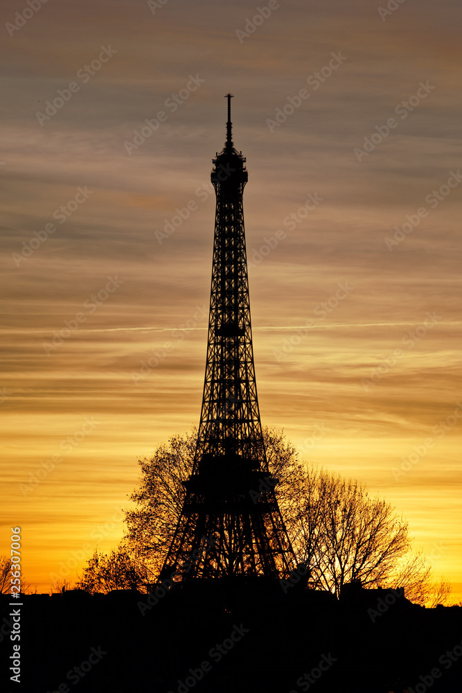 Paris, France - February 13, 2019: Eiffel tower at sunset viewed from Tuileries garden