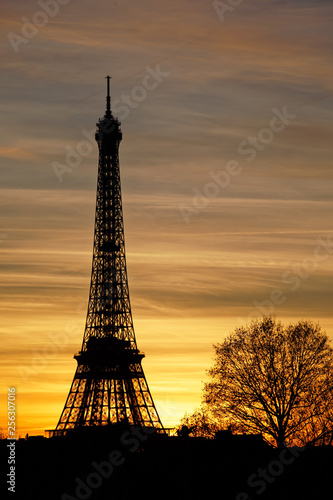 Paris, France - February 13, 2019: Eiffel tower at sunset viewed from Tuileries garden