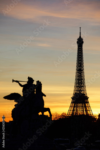 Paris, France - February 13, 2019: Eiffel tower at sunset viewed from Tuileries garden © JEROME LABOUYRIE