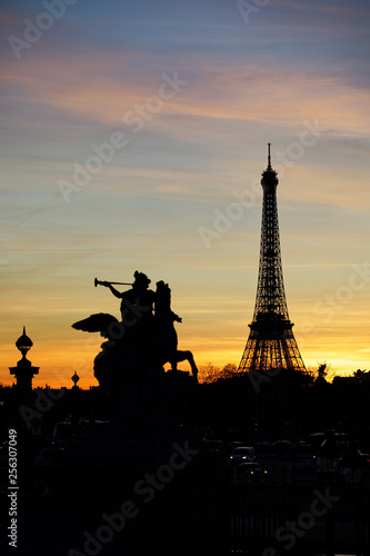 Paris  France - February 13  2019  Eiffel tower at sunset viewed from Tuileries garden
