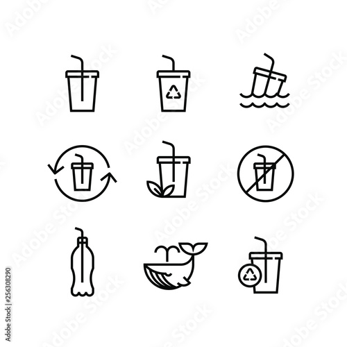  Prohibition Plastic Straw Bottle Eco Icon Set