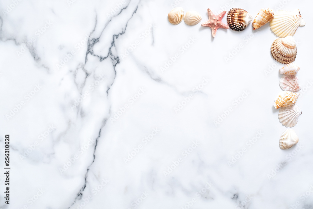 Summer composition. Frame made of sea shells on marble background. Flat lay, top view, copy space Summer composition. Frame made of sea shells on marble background. Flat lay, top view, copy space