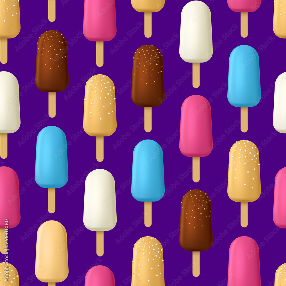 Realistic Detailed 3d Popsicle Ice Creams Seamless Pattern Background. Vector Realistic Detailed 3d Popsicle Ice Creams Seamless Pattern Background. Vector