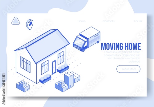 Wallpaper Mural Digital isometric design concept scene of moving home helping app 3d icons.Isometric social business illustration-house,garden,truck car,package boxes,geo tag on landing page banner web online concept Torontodigital.ca