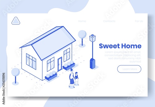 Digital isometric design concept scene of sweet home isometrics people and their house.Isometric social illustration-characters,building,garden,street lights on landing page banner web online concept
