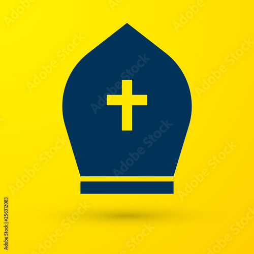 Blue Pope hat icon isolated on yellow background. Christian hat sign. Vector Illustration