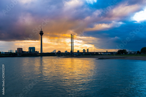 Germany, Duesseldorf, Oberkassel Bridge with Media Harbor and television tower in the background photo