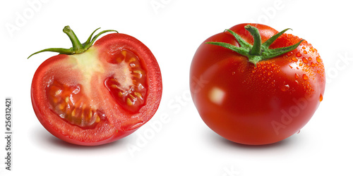 One whole and one half tomato in isolated on white background. Set of summer vegetables.