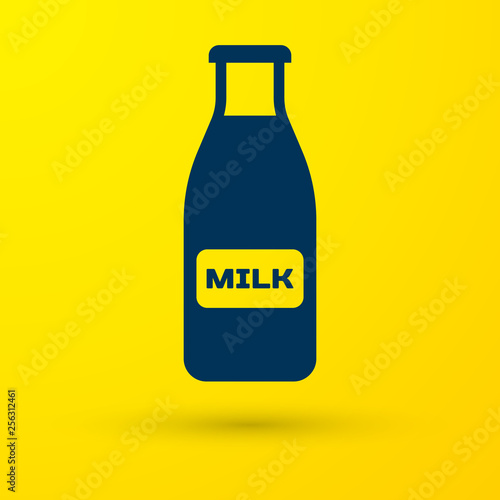 Blue Closed glass bottle with milk and cap icon isolated on yellow background. Vector Illustration