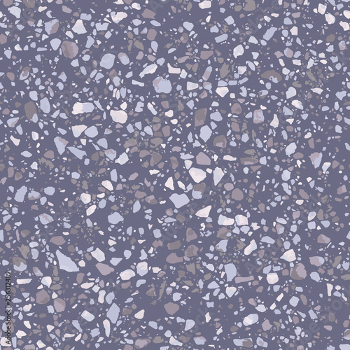 Purple terrazzo flooring seamless pattern. Vector texture of mosaic floor with natural lilac colored stones, granite, marble, quartzite. Trendy repeat design for ceramic, home decor, wallpapers, print