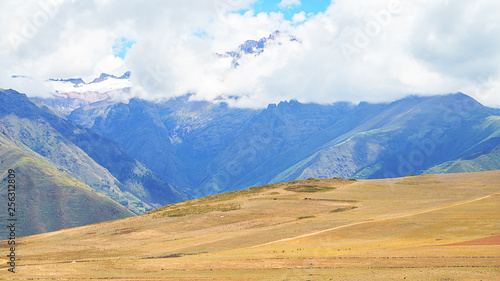 Panoramic View of landscape Maras far from Cusco, Peru.