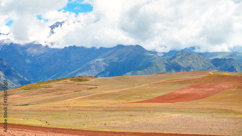 Panoramic View of landscape Maras far from Cusco, Peru.