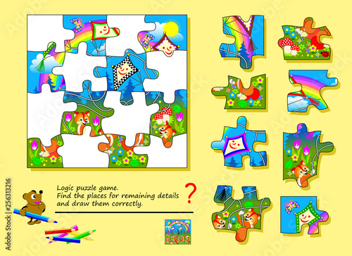 Logic puzzle game for children and adults. Find the places for remaining details and draw them correctly. Printable page for brainteaser book. Developing spatial thinking. Vector cartoon image.