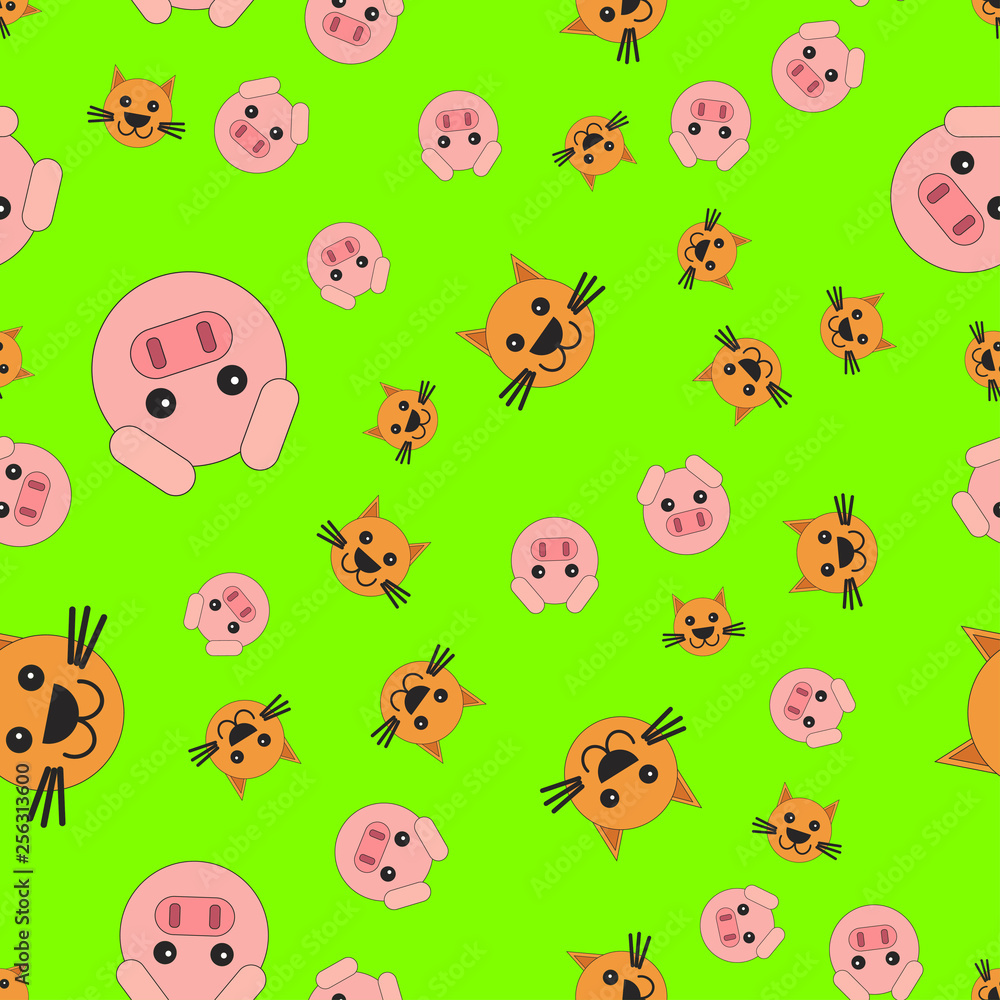 Naklejka premium Seamless pattern of cat and pig heads