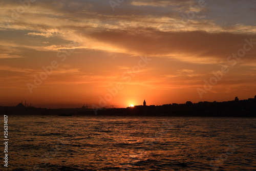 Orange color sunset in Istanbul bosphorus