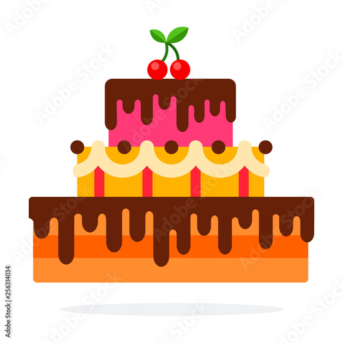 Cake with chocolate vector flat material design isolated object on white background.
