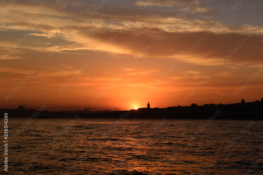 Orange color sunset in Istanbul bosphorus