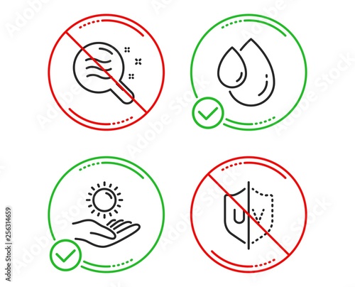 Do or Stop. Oil drop, Skin condition and Sun protection icons simple set. Uv protection sign. Serum, Search magnifier, Ultraviolet care. Ultraviolet. Beauty set. Line oil drop do icon. Vector