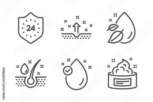 24 hours, Serum oil and Water drop icons simple set. Clean skin, Vitamin e and Skin cream signs. Protection, Healthy hairs. Beauty set. Line 24 hours icon. Editable stroke. Vector
