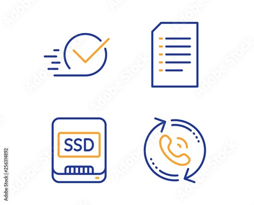 Ssd, Checkbox and Document icons simple set. Call center sign. Memory disk, Approved, Information file. Recall. Business set. Linear ssd icon. Colorful design set. Vector